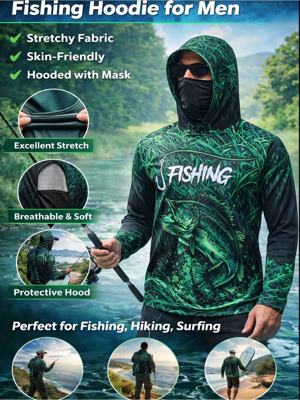Fishing Hoodie for Men - Green Protective Hooded Sun Shirt